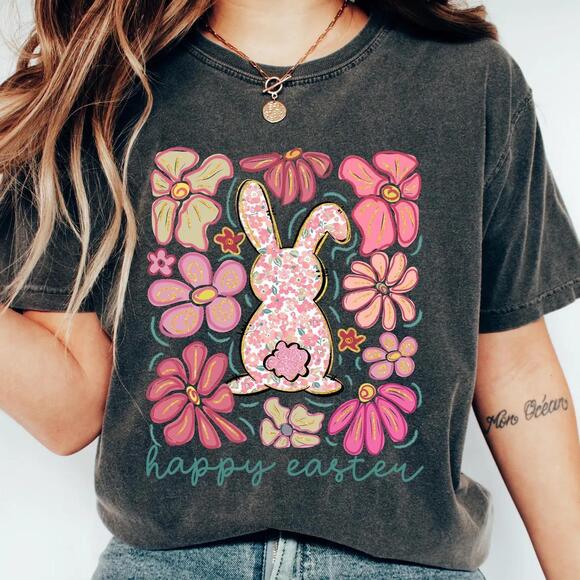 Other - Happy Easter Bunny T-Shirt, Retro Comfort Easter Shirt, Floral Easter Rabbit